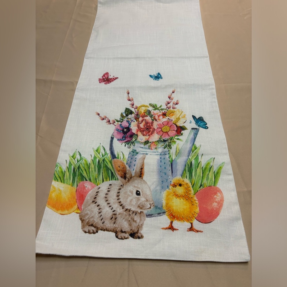 Bunny Tales Easter Beaded Table Runner White Bunny‎ Flowers Cotton